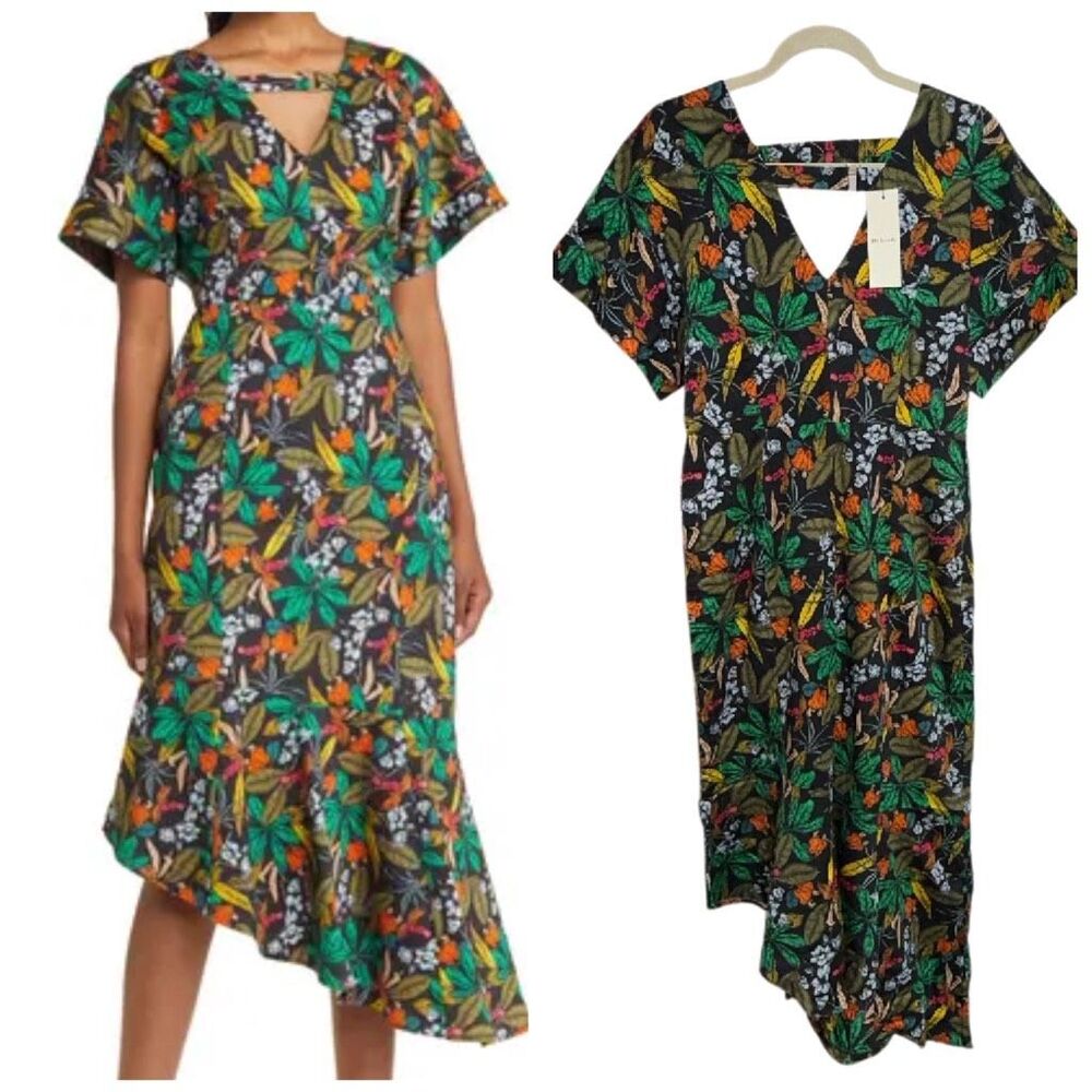 Du Paradis NWT Floral Asymmetric Hem Dress Tropical Date Night Romantic Cutout S